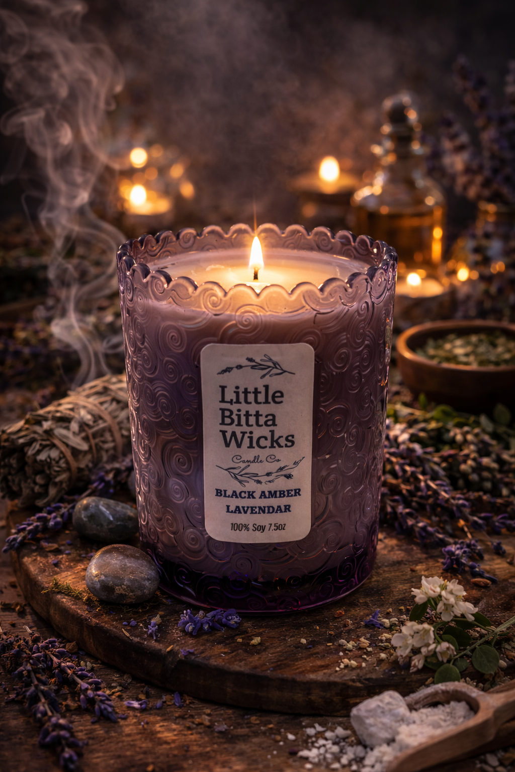 7.5 OZ BLACK AMBER LAVENDAR SOY CANDLE STRESS RELIEF